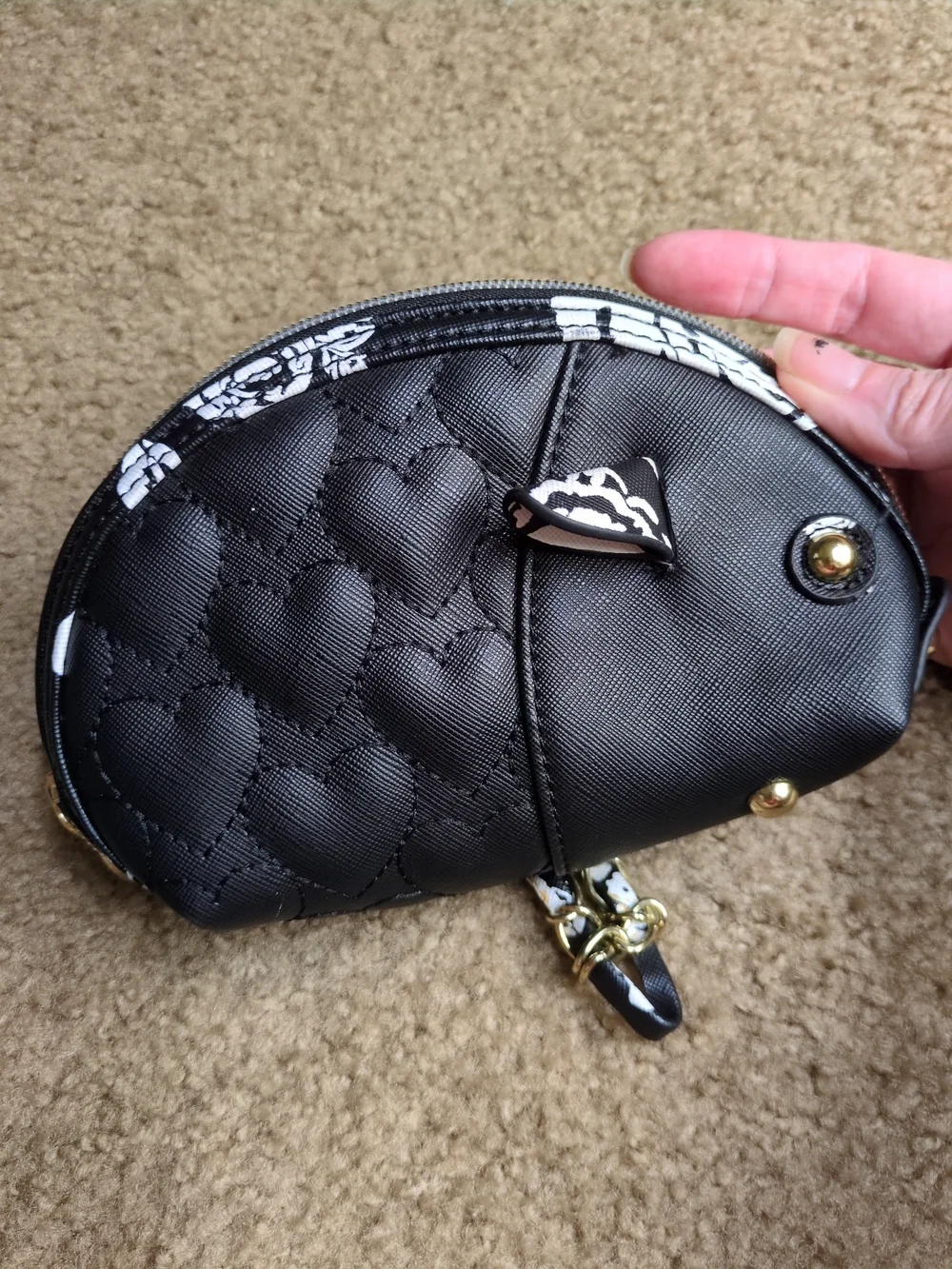 Betsey Johnson Black Quilted Heart Wristlet with Gold Chain Strap